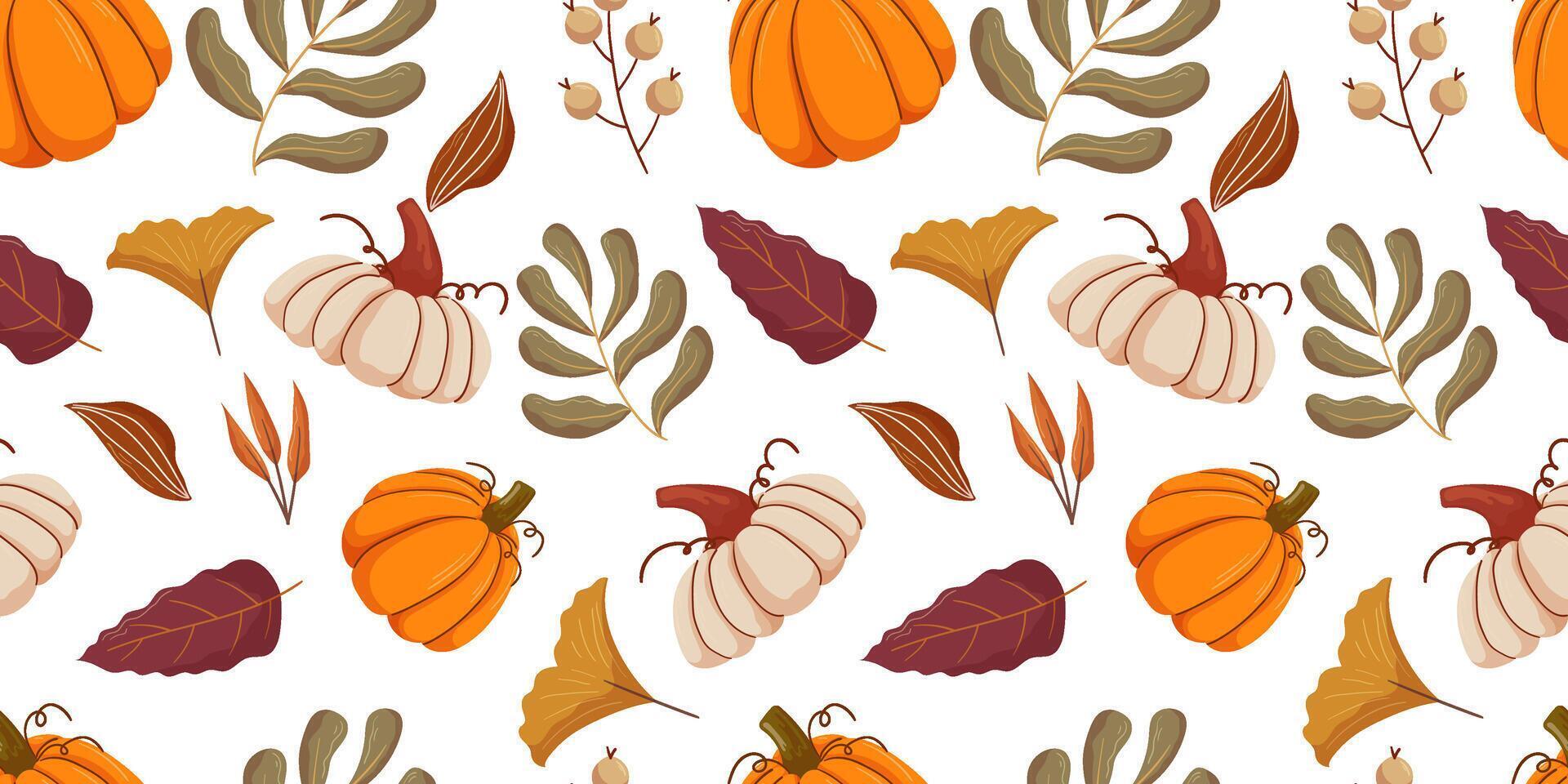 Seamless pattern autumn themed elements, including orange and white pumpkins, various types of fall leaves in shades of brown, yellow, and burgundy, and small berries. Fall mood textile print vector