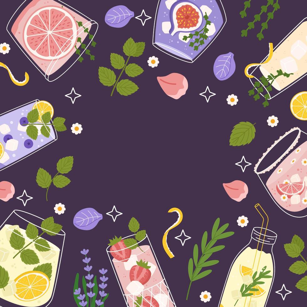 Summer illustration with refreshing drinks, fruit and herb garnishes. The word SUMMER is prominently displayed in bold white text against a dark purple background, green leaves, petals, small flowers vector