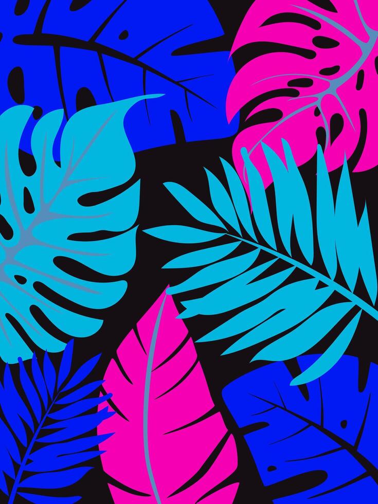 Bright background with silhouettes of tropical leaves of various bright colors. The background has a whimsical and playful look, ideal for use in digital design or illustration. vector