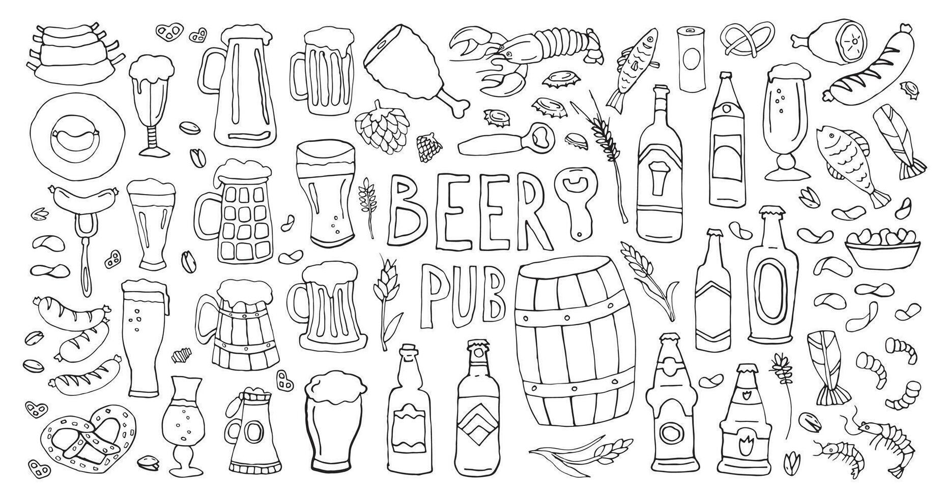 Hand-drawn beer pub elements, including mugs, bottles, snacks, and seafood, on a white background. vector