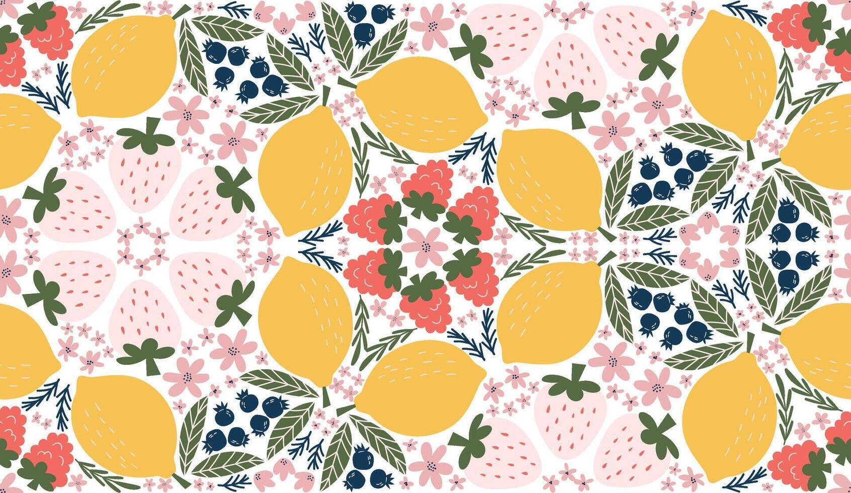 Cheerful seamless pattern featuring illustrations of white strawberries, raspberries, lemons, blackberries, pink flowers, and green leaves, arranged in a kaleidoscope-like design. vector