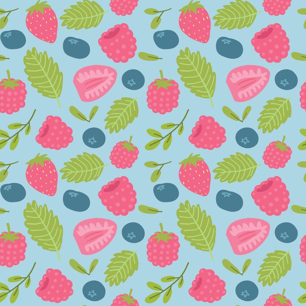 Seamless pattern with strawberries, raspberries, blueberries green leaves on light blue background vector