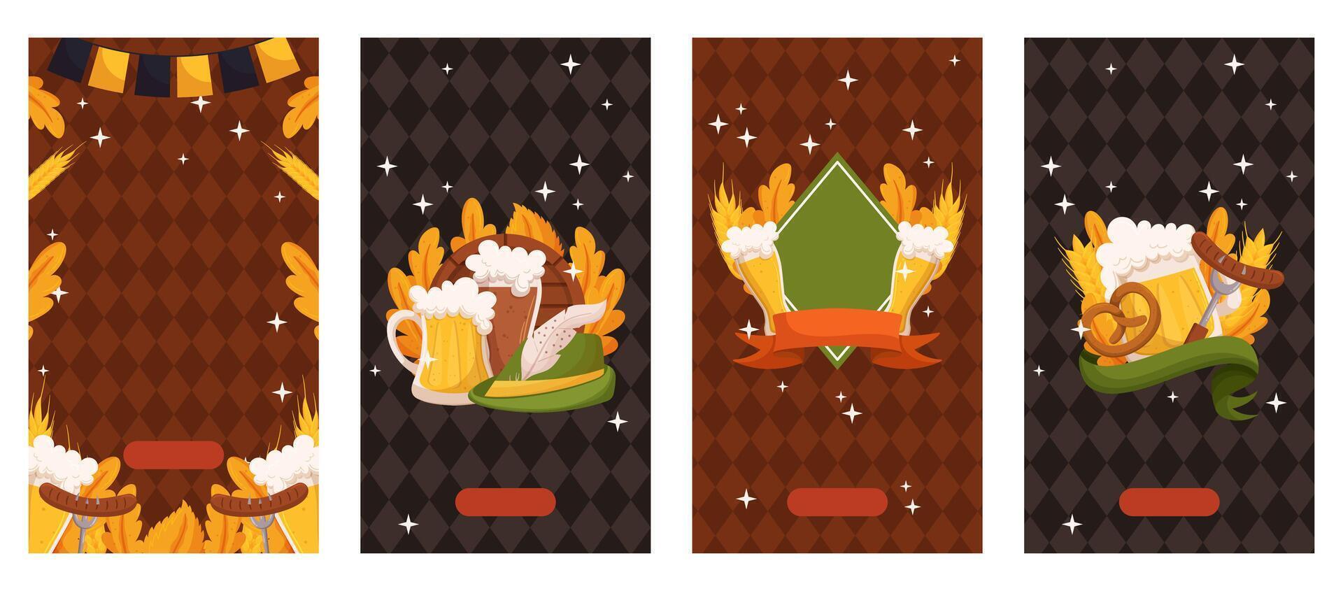 Beer festival vertical social media stories collection template. Design with glass of beer, wheat and leaves, banner ribbon and other festive objects on dark rhombus background vector