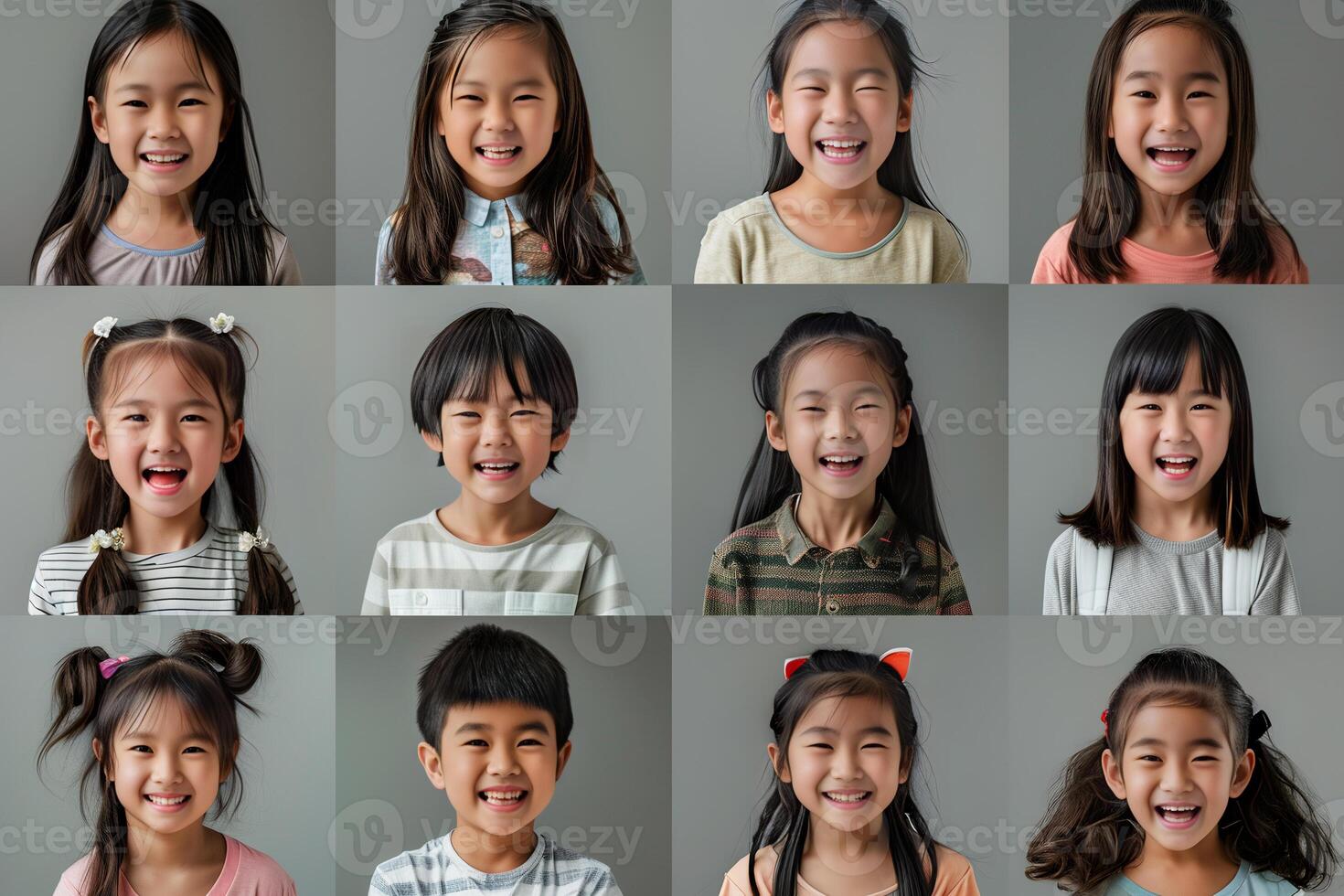 Collage of portraits and faces of smiling Asian children for profile picture on grey background photo