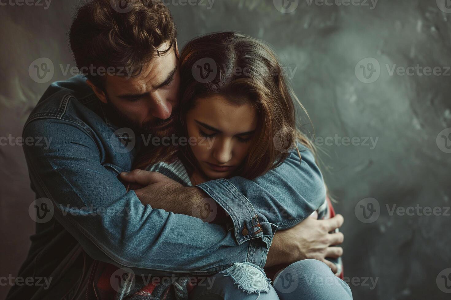 Husband comfort sad wife, caressing and hugging her from behind. Tender, empathy and support moment photo