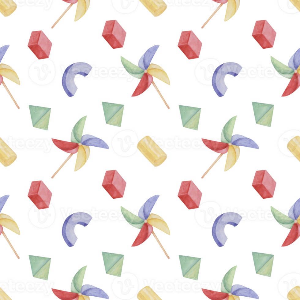 Baby seamless pattern with wooden Blocks and pinwheel. Toys in watercolor. Simple play ornament. Hand drawn textile print for kids clothes, children's nursery wallpaper, wrapping paper, scrapbooking png
