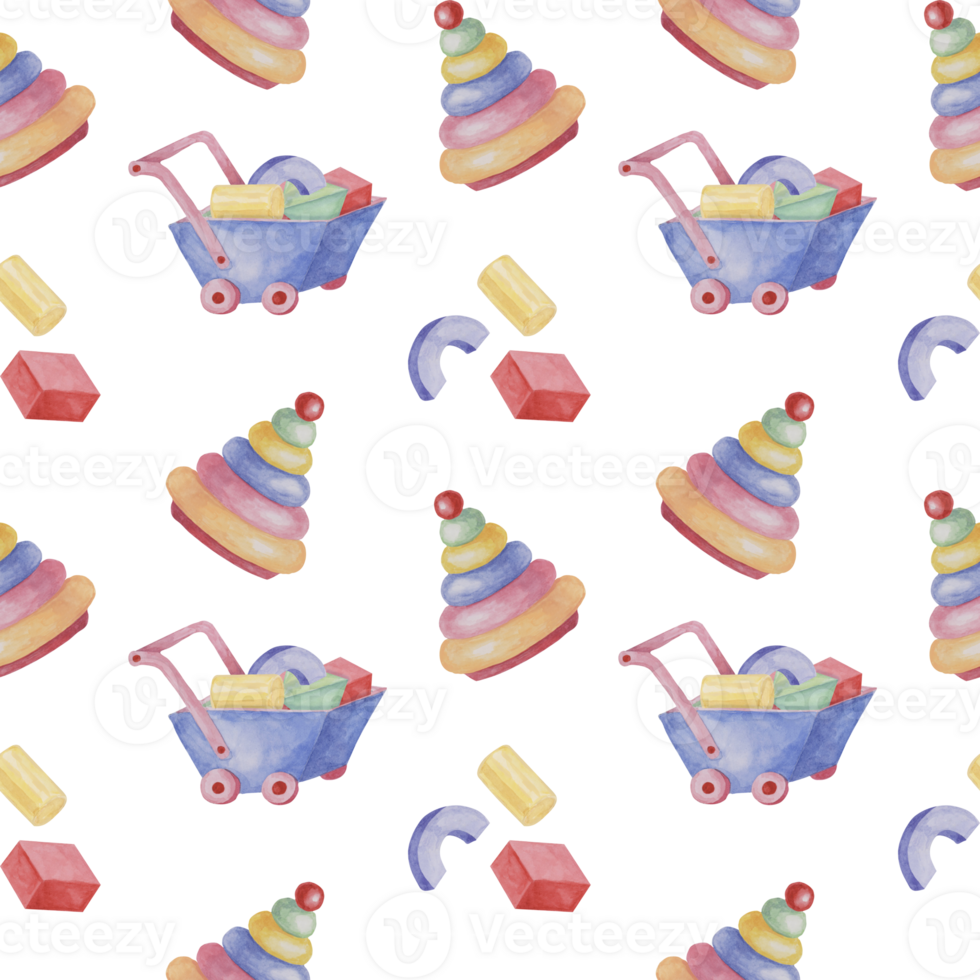 Toy wheelbarrow, stacking rings tower and blocks. Retro cart and puzzle. Simple Baby seamless pattern. Textile print for kids clothes, children's nursery wallpaper, wrapping paper, scrapbooking png