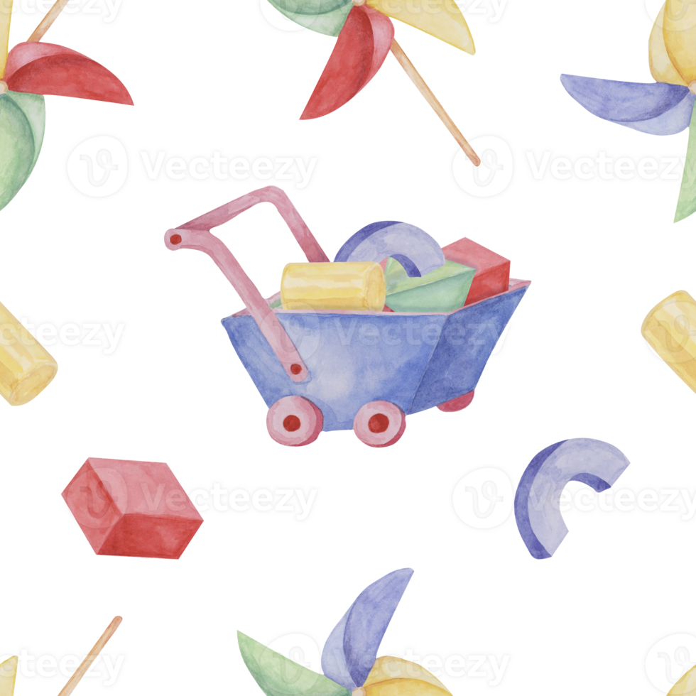 Toy wheelbarrow, pinwheel paper fan and blocks. Retro cart and origami. Simple Baby seamless pattern. Textile print for kids clothes, children's nursery wallpaper, wrapping paper, scrapbooking png