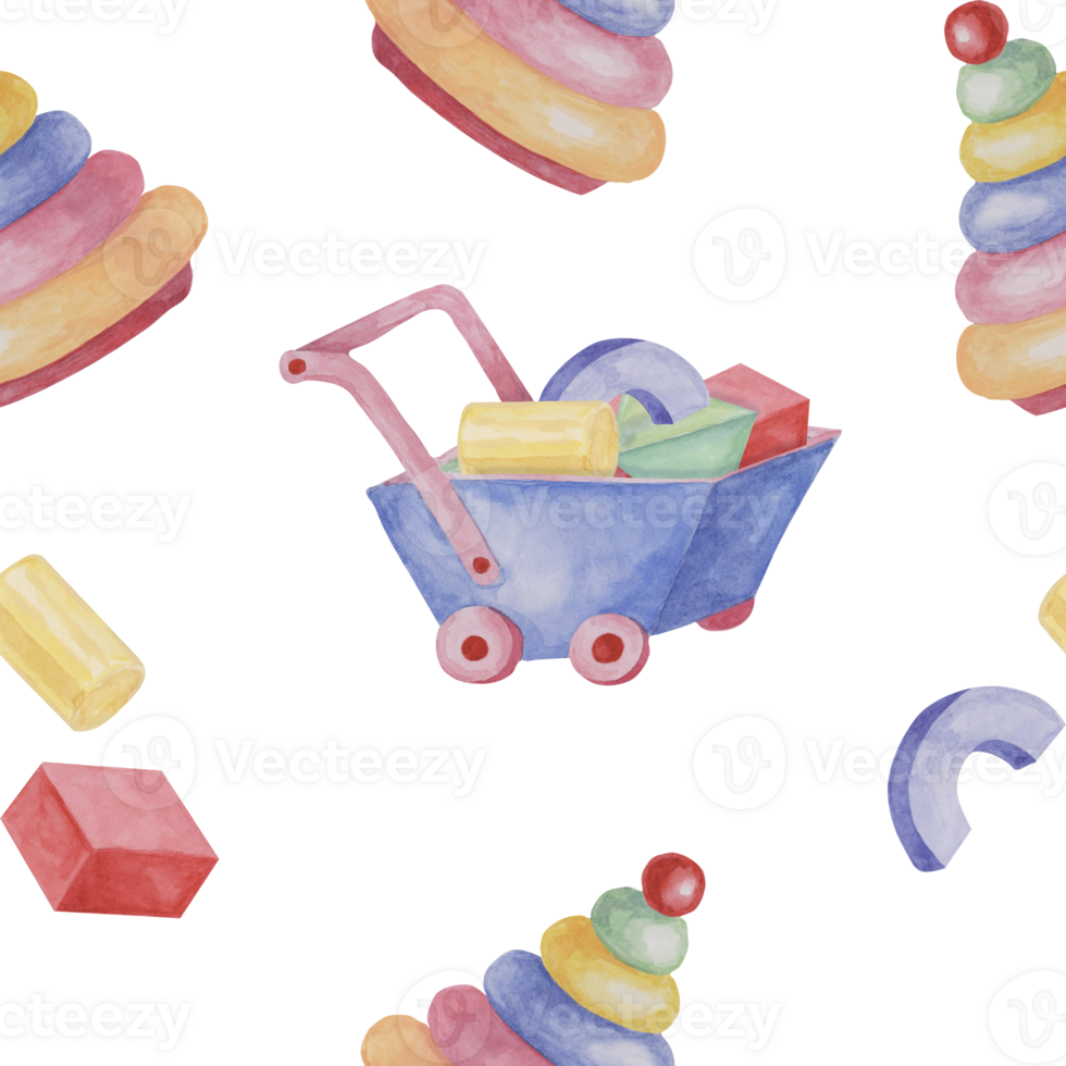 Toy wheelbarrow, stacking rings tower and blocks. Retro cart and puzzle. Simple Baby seamless pattern. Textile print for kids clothes, children's nursery wallpaper, wrapping paper, scrapbooking png