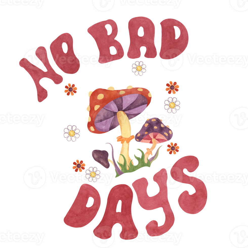 Trippy fly agaric mushrooms, flowers and no bad days slogan print tee. Retro hippie fungus clipart 60s 70s style Nostalgic groovy design with lettering. Hand drawn graphic t shirt sweatshirt print png