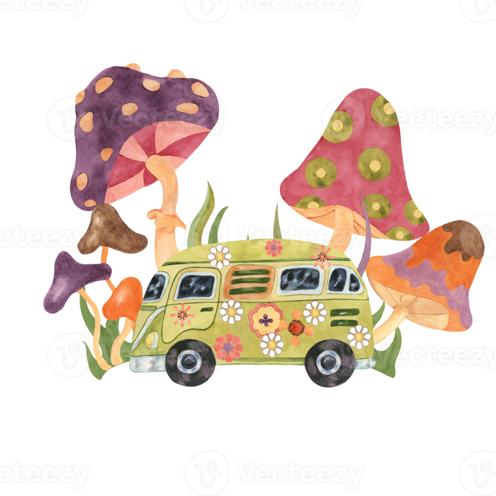 Trippy mushrooms, groovy hippie camper van mycophile print tee. Retro bus, fly agarics magic fungi in 1970s -1960s style . Nostalgic mycology fashion clipart. Hand drawn vintage graphic t shirt png