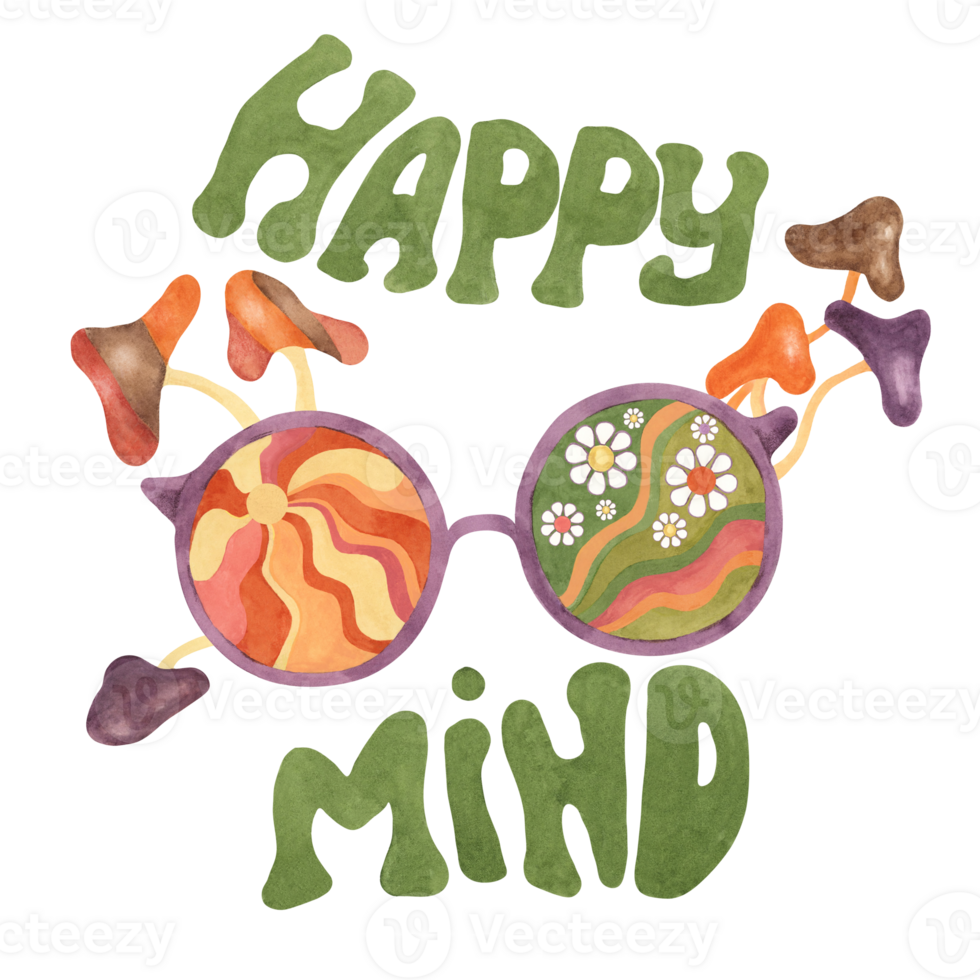 Trippy mushrooms, groovy hippie sunglasses and happy mind slogan print tee with sun and daisies. Retro round psychedelic eyewear in 1970s style. Nostalgic clipart. Hand drawn graphic indie t shirt png