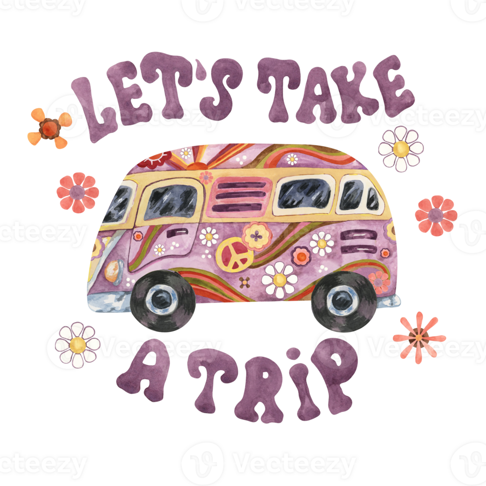 Trippy mushrooms, groovy hippie camper van and let's take a trip slogan print tee with flowers. Retro bus car for road trip in 70s, 60s style. Nostalgic clipart. Hand drawn vintage graphic t shirt png