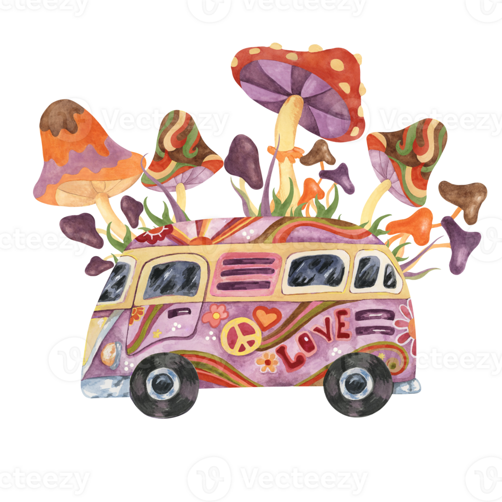 Trippy mushrooms, groovy hippie camper van mycophile print tee. Retro bus, fly agarics magic fungi in 1970s -1960s style . Nostalgic mycology fashion clipart. Hand drawn vintage graphic t shirt png