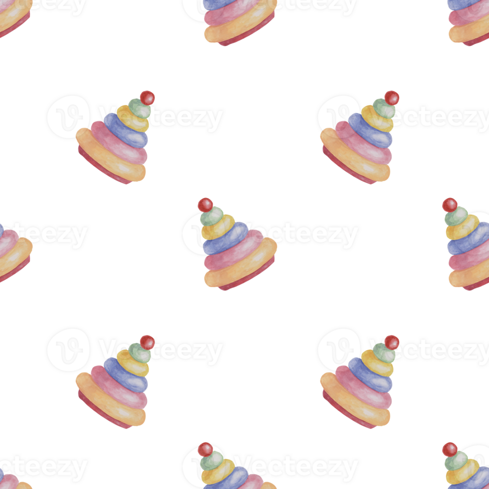 Baby seamless pattern with wooden toy pyramid. Stacking rings in watercolor. Simple play ornament. Hand drawn textile print for kids clothes, children's nursery wallpaper, wrapping paper, scrapbooking png