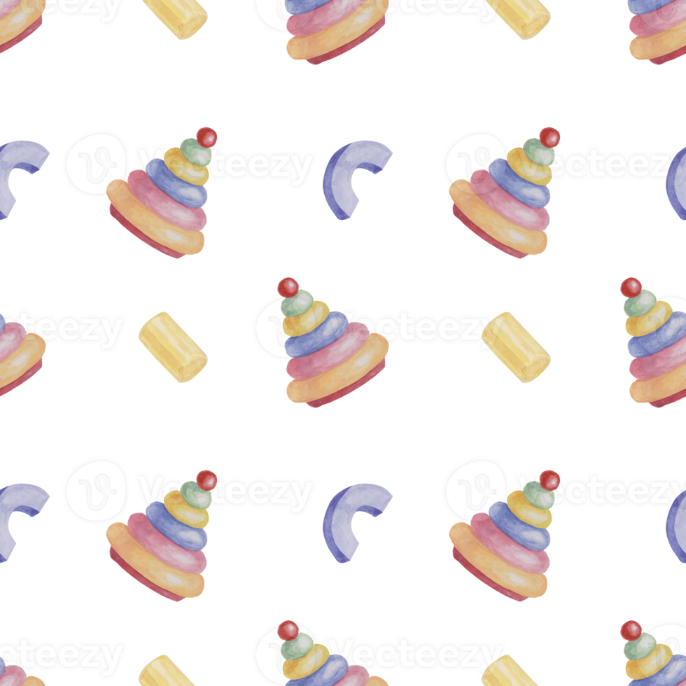 Baby seamless pattern with blocks and Ring tower puzzle in watercolor. Simple toy ornament. Hand drawn textile print for kids clothes, children's nursery wallpaper, wrapping paper, scrapbooking png