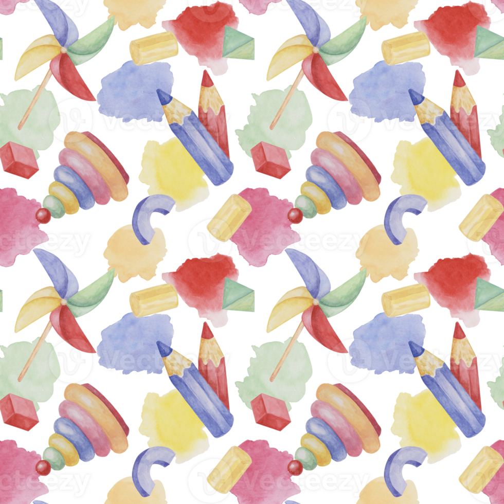 Seamless pattern with ring tower, toys, pencils, pinwheel in watercolor. Retro baby nursery toys ornament Hand drawn textile print for kids, children's wallpaper, wrapping, packaging, scrapbooking png