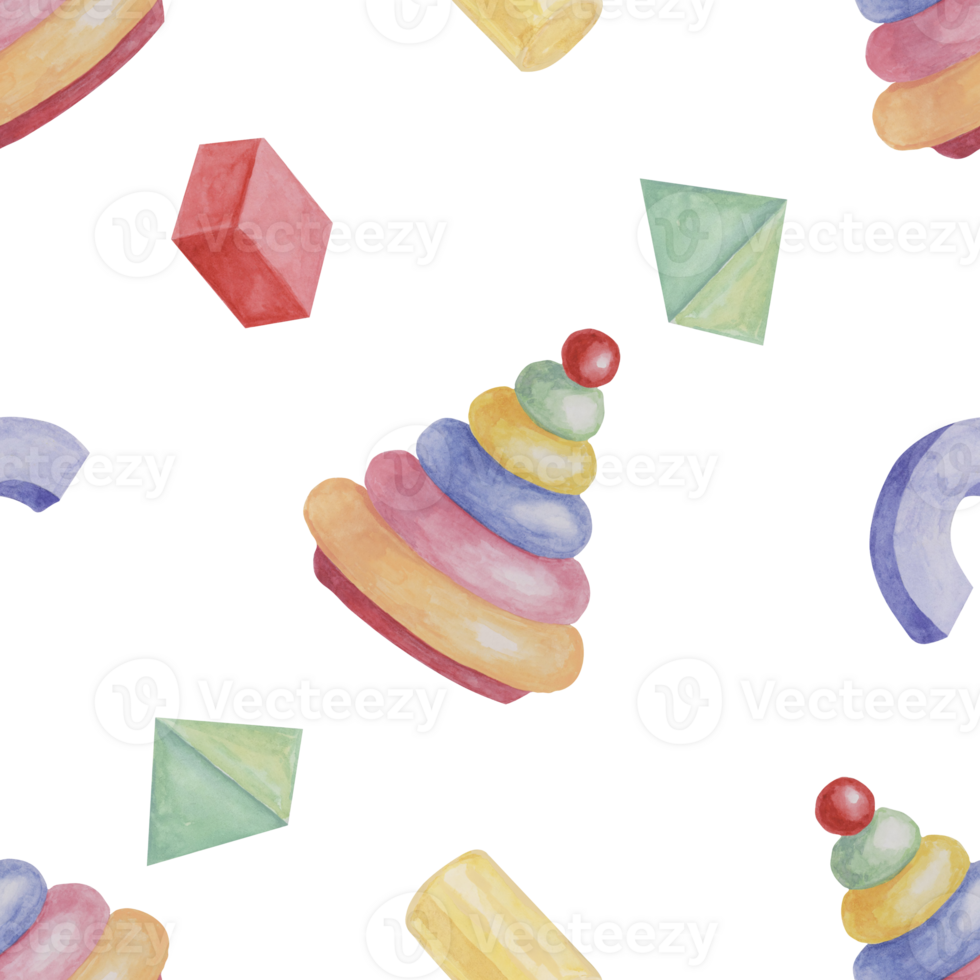 Baby seamless pattern with blocks and Ring tower puzzle in watercolor. Simple toy ornament. Hand drawn textile print for kids clothes, children's nursery wallpaper, wrapping paper, scrapbooking png