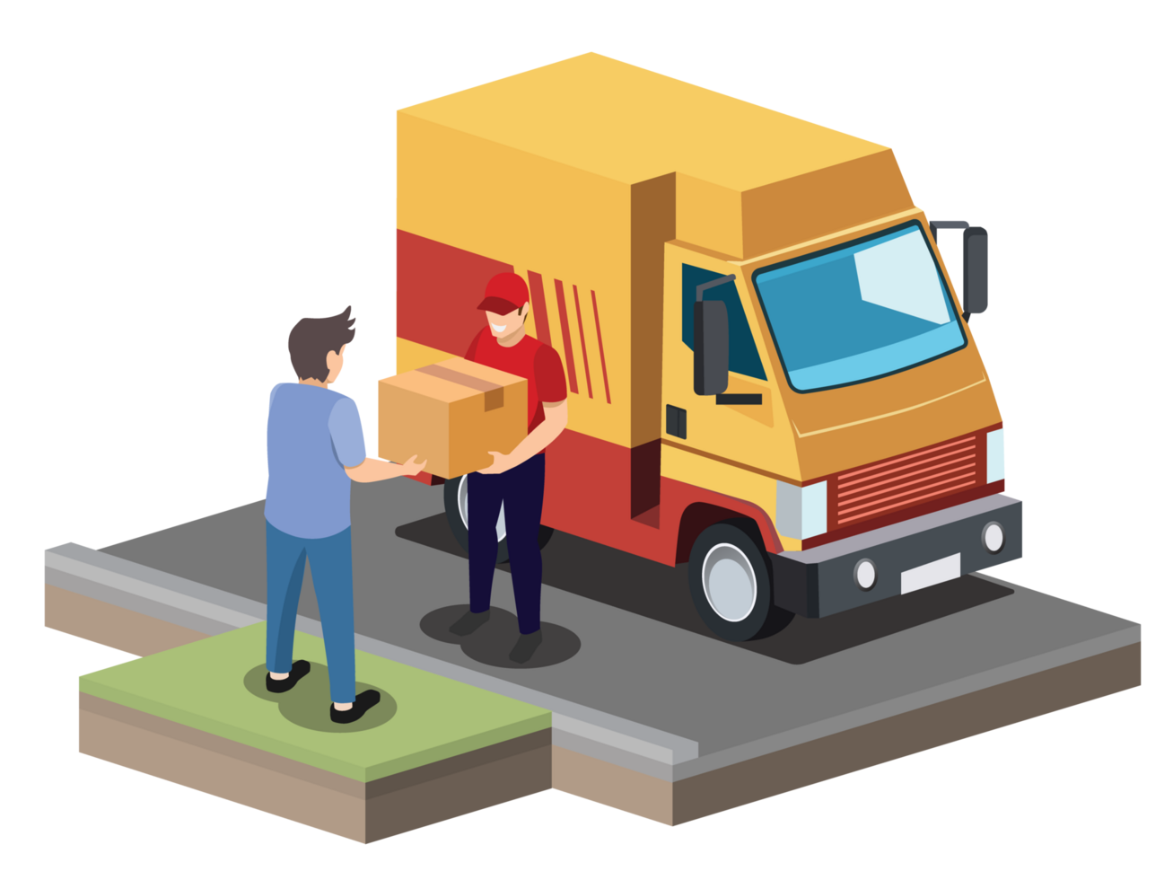isometric courier with parcels and delivery van. Express mail courier delivery services. worker holding cardboard box in hands send to customer png