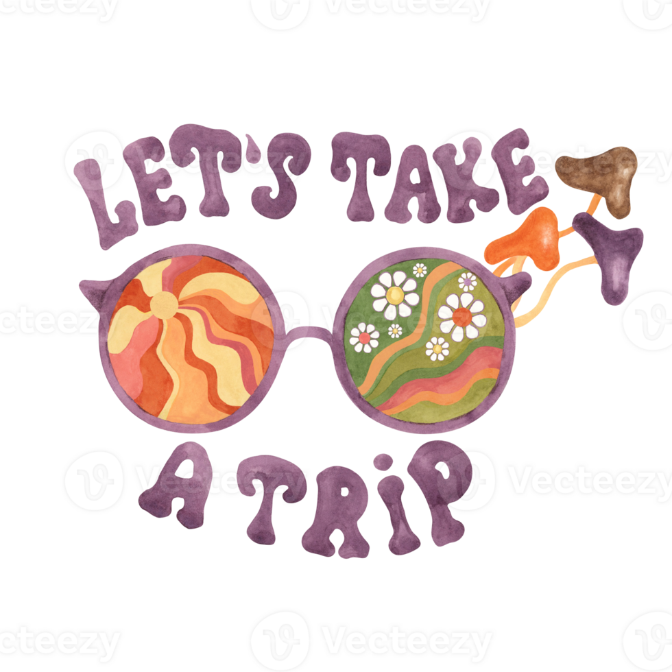 Trippy mushrooms, groovy hippie sunglasses and let's take a trip slogan print tee with sun and daisies. Retro round psychedelic eyewear in 70s, 60s style. Nostalgic clipart. Hand drawn graphic t shirt png