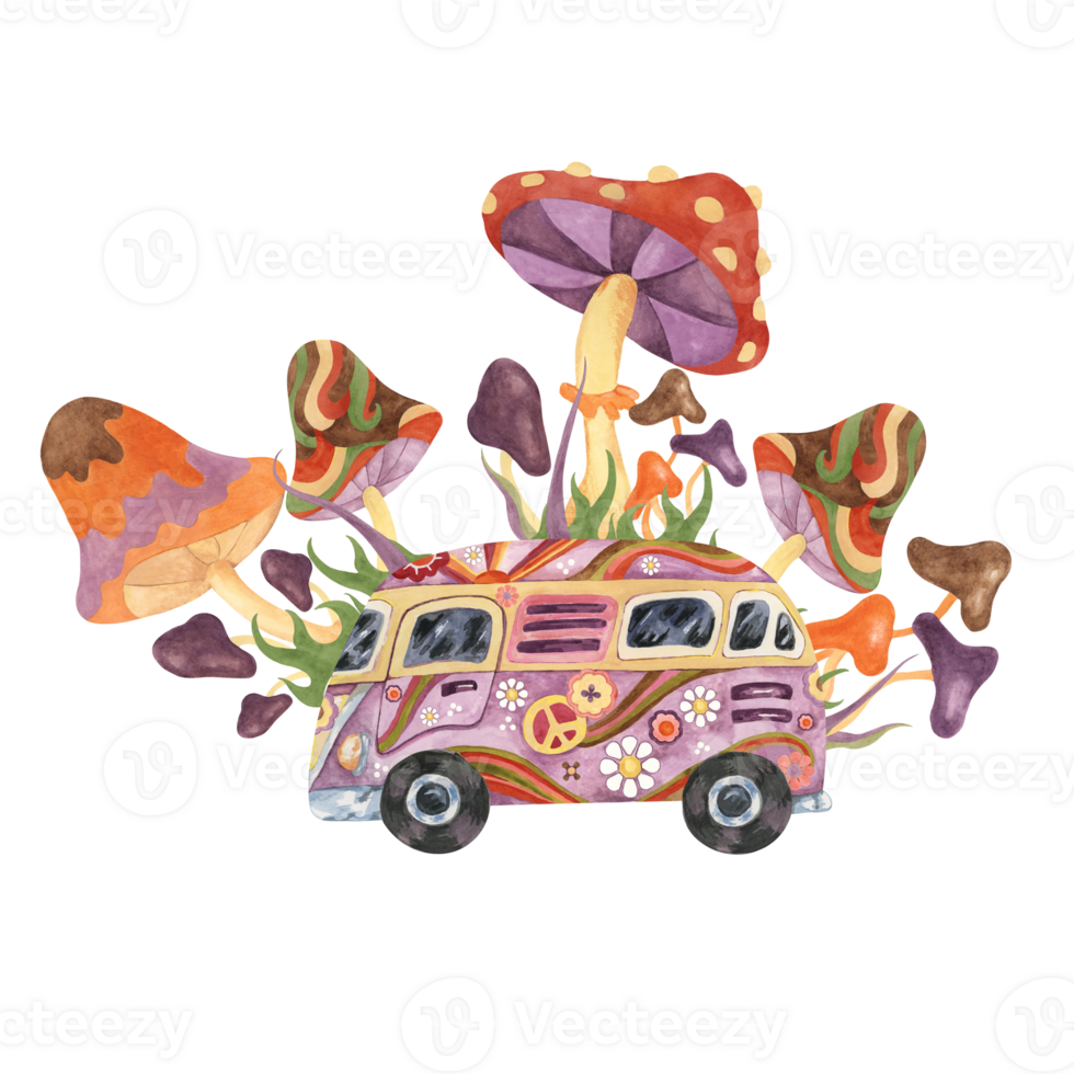 Trippy mushrooms, groovy hippie camper van mycophile print tee. Retro bus, fly agarics magic fungi in 1970s -1960s style . Nostalgic mycology fashion clipart. Hand drawn vintage graphic t shirt png