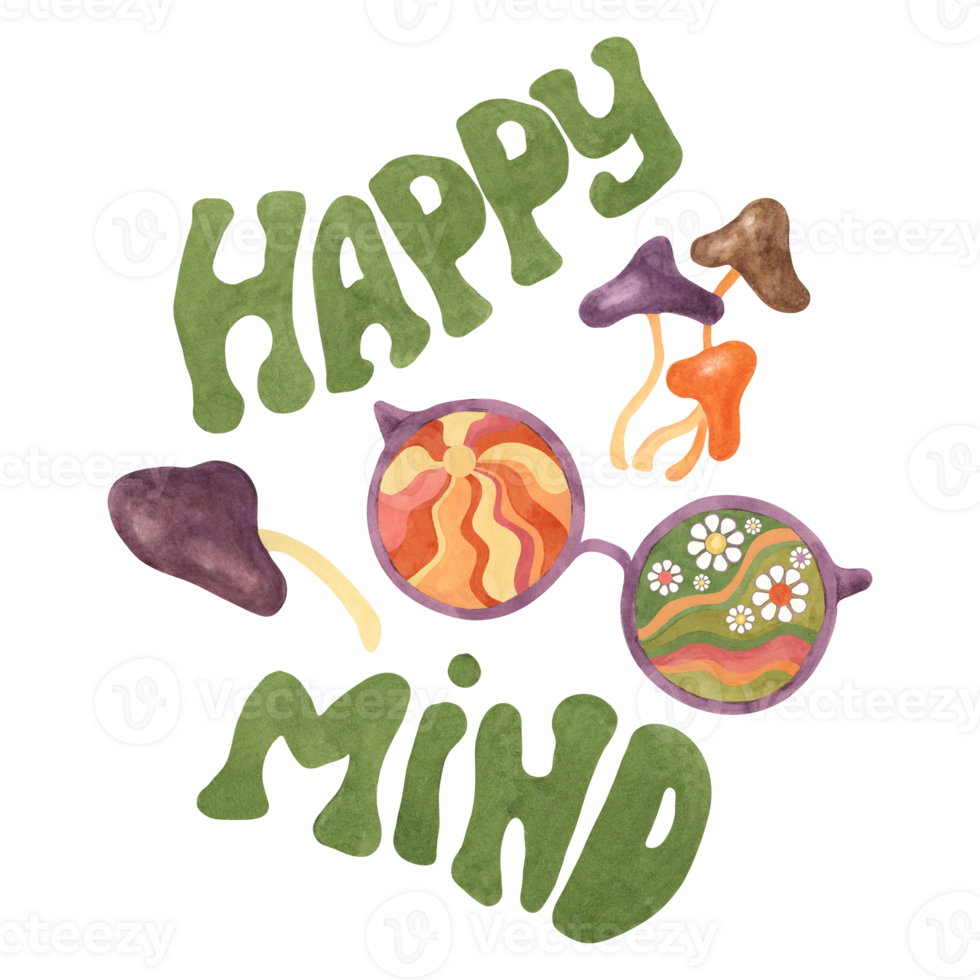 Trippy mushrooms, groovy hippie sunglasses and happy mind slogan print tee with sun and daisies. Retro round psychedelic eyewear in 1970s style. Nostalgic clipart. Hand drawn graphic t shirt poster png