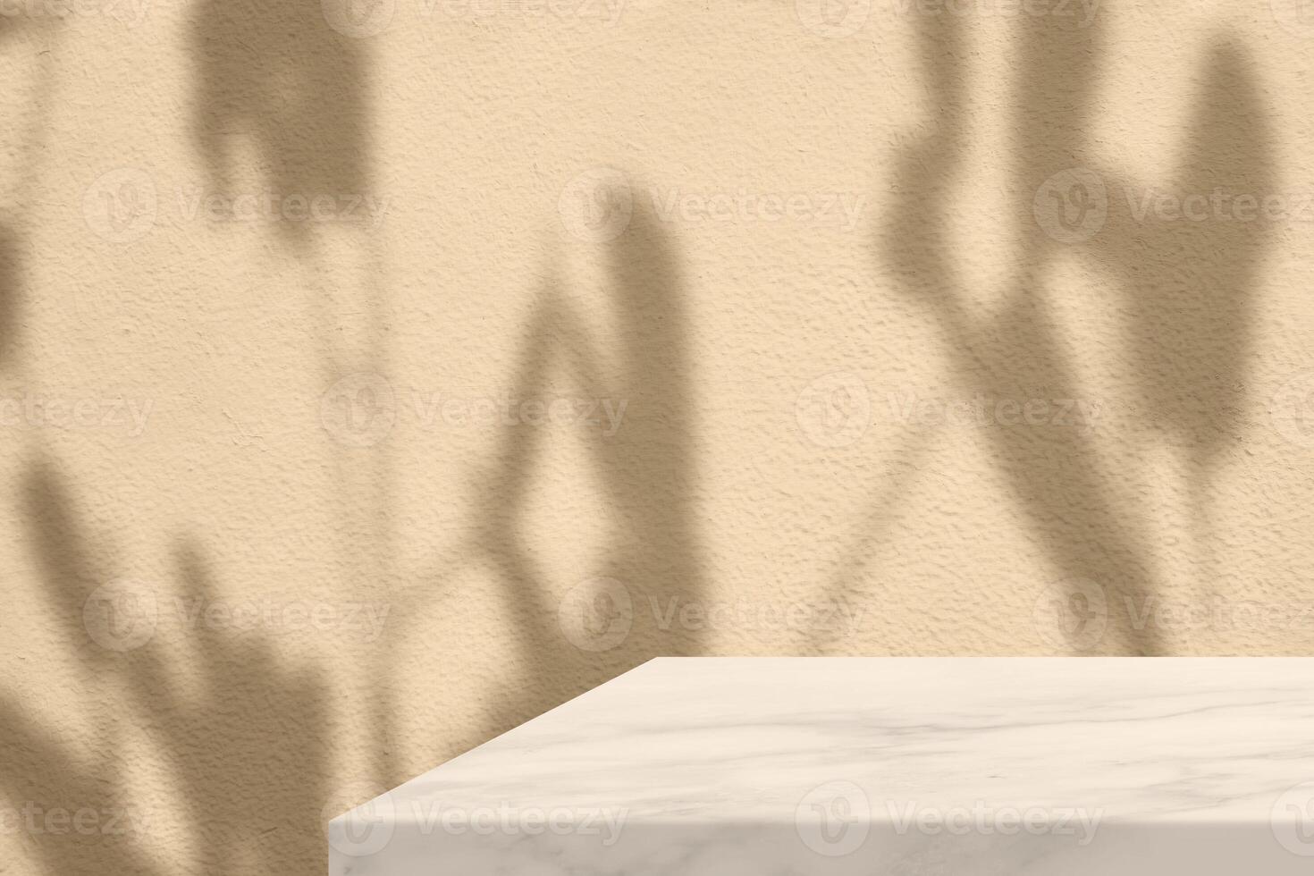 Minimal Marble Table Corner with Tree Shadow on the Beige Concrete Wall Background photo