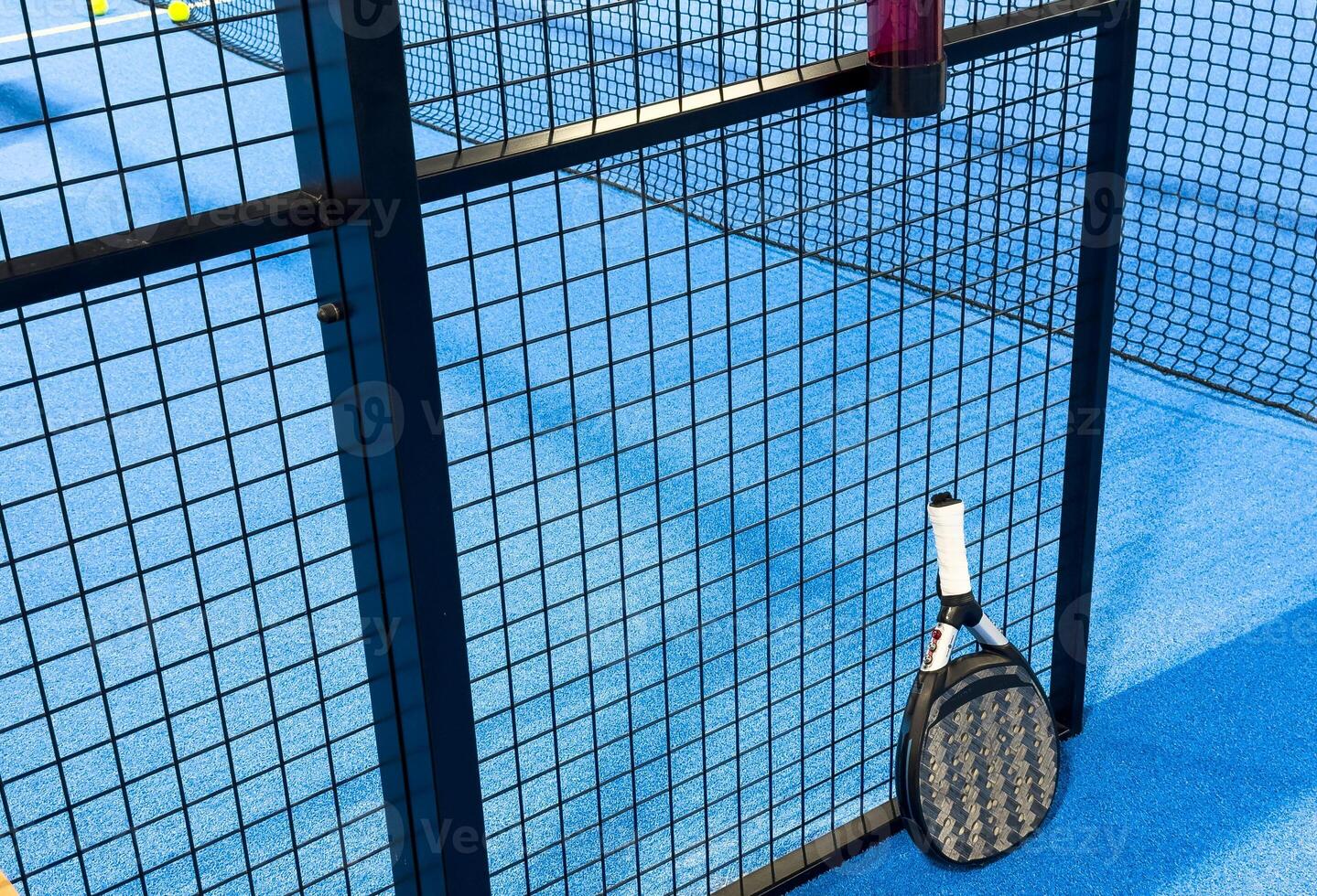 Blue padel and tennis net and hard court. Tennis competition concept. Horizontal sport theme poster, greeting cards, headers, website and app photo