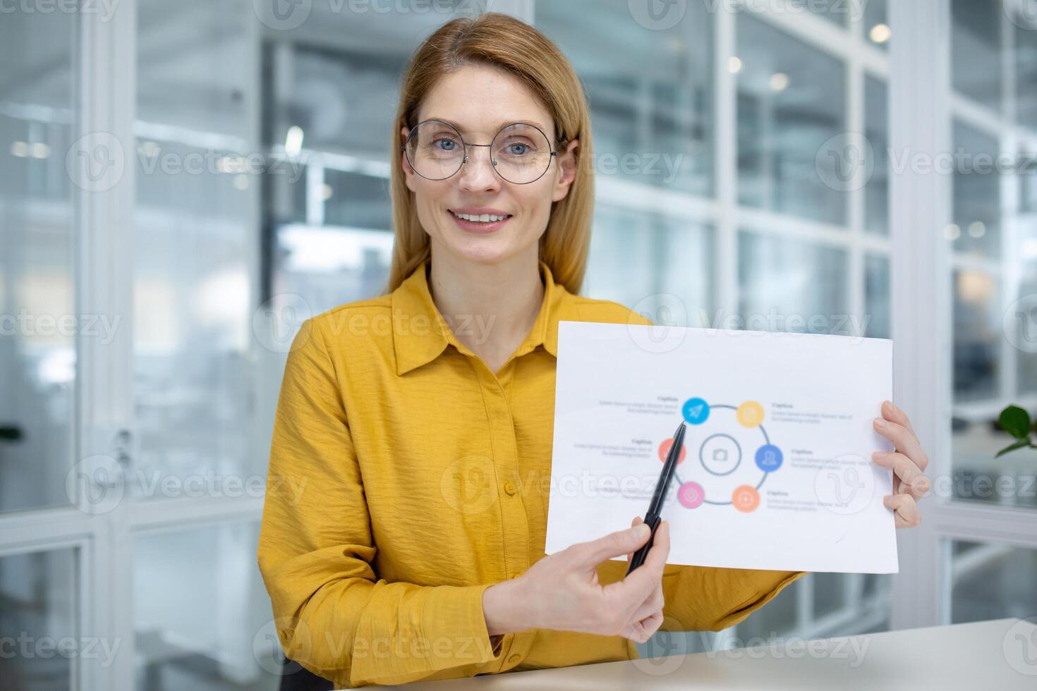 Confident business woman holding a presentation chart and speaking during a call in a modern office setting. photo