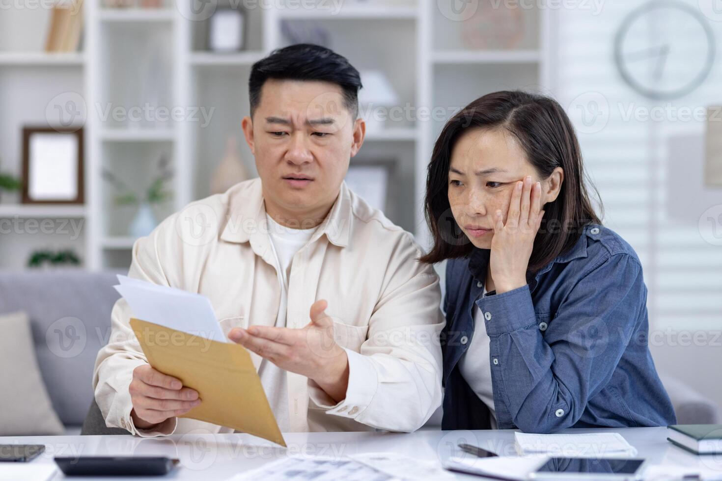 A worried couple sits at home, reading a letter with bad news. They look distressed as they discuss the contents of the envelope. photo