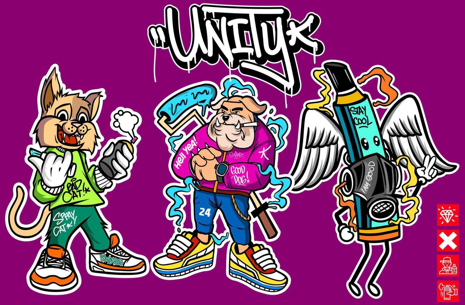 Set of graffiti character illustrations. Graffiti cartoon illustrations vector