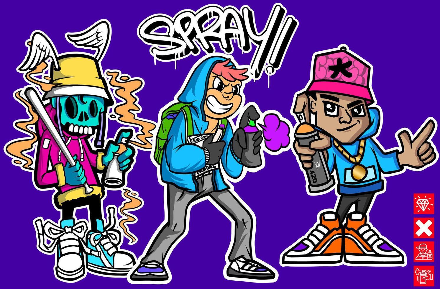 Set of graffiti character illustrations. Graffiti cartoon illustrations vector