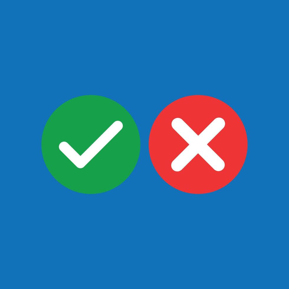 Check mark and cross icons on blue background. Icon illustration design element accept and reject, agree or disagree, add or delete vector