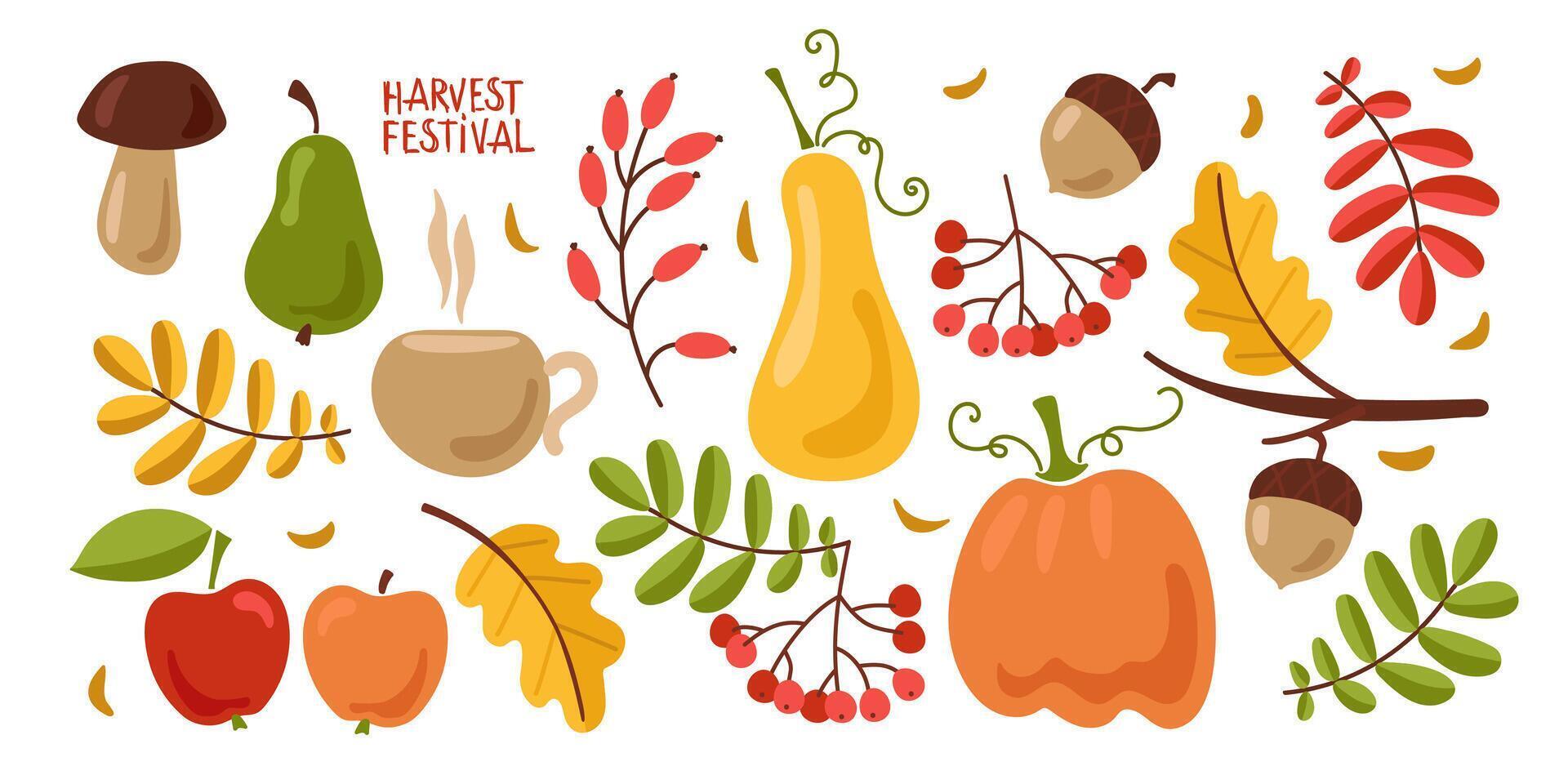 Collection of autumn attributes, autumn elements. set of fall icons or stickers, autumn card. vector