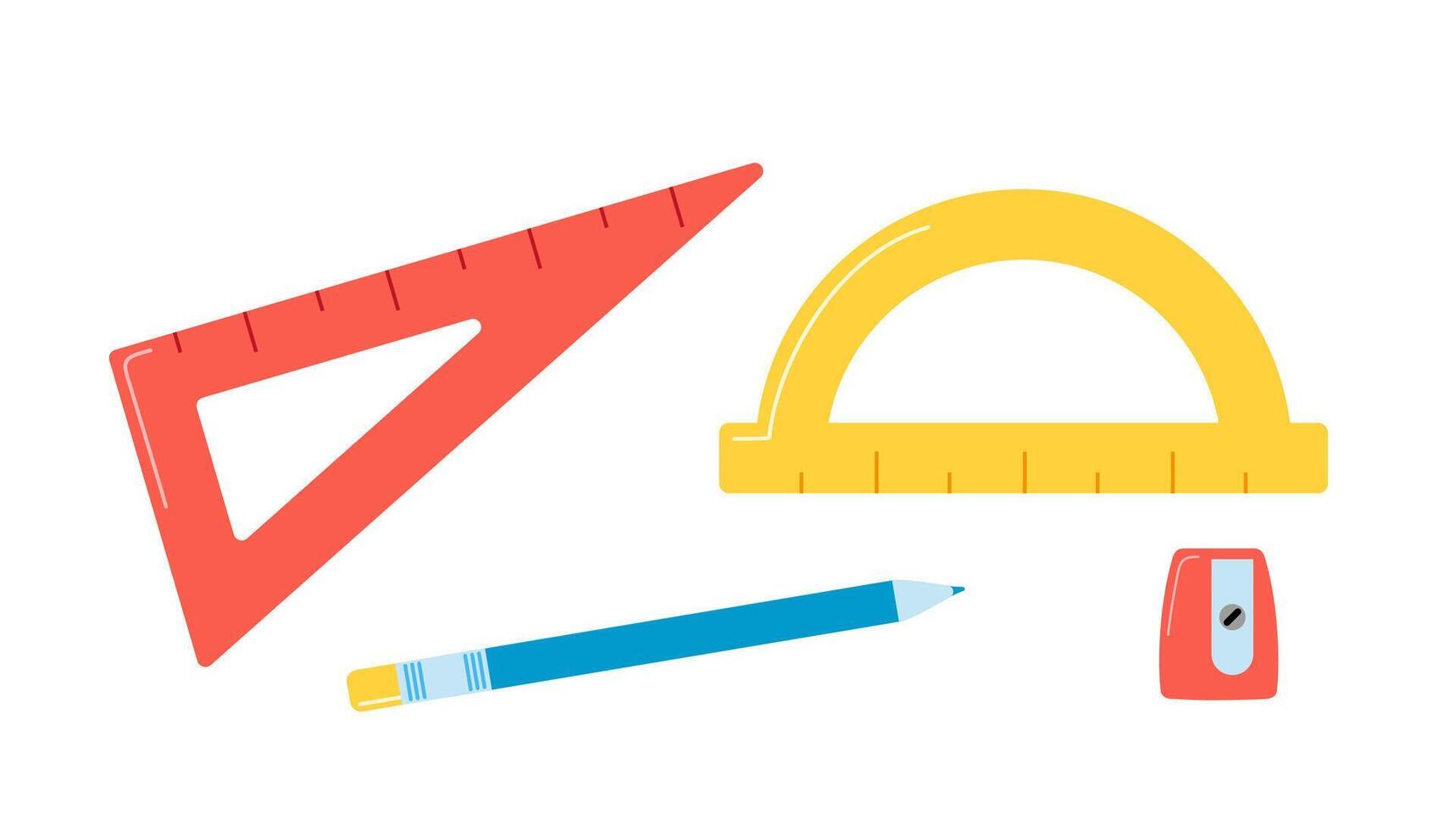 Set of school rulers. Flat cartoon style. Cute stationery. Ruler, Triangle Ruler, Protractor. Hand drawn illustration isolated on white background. vector