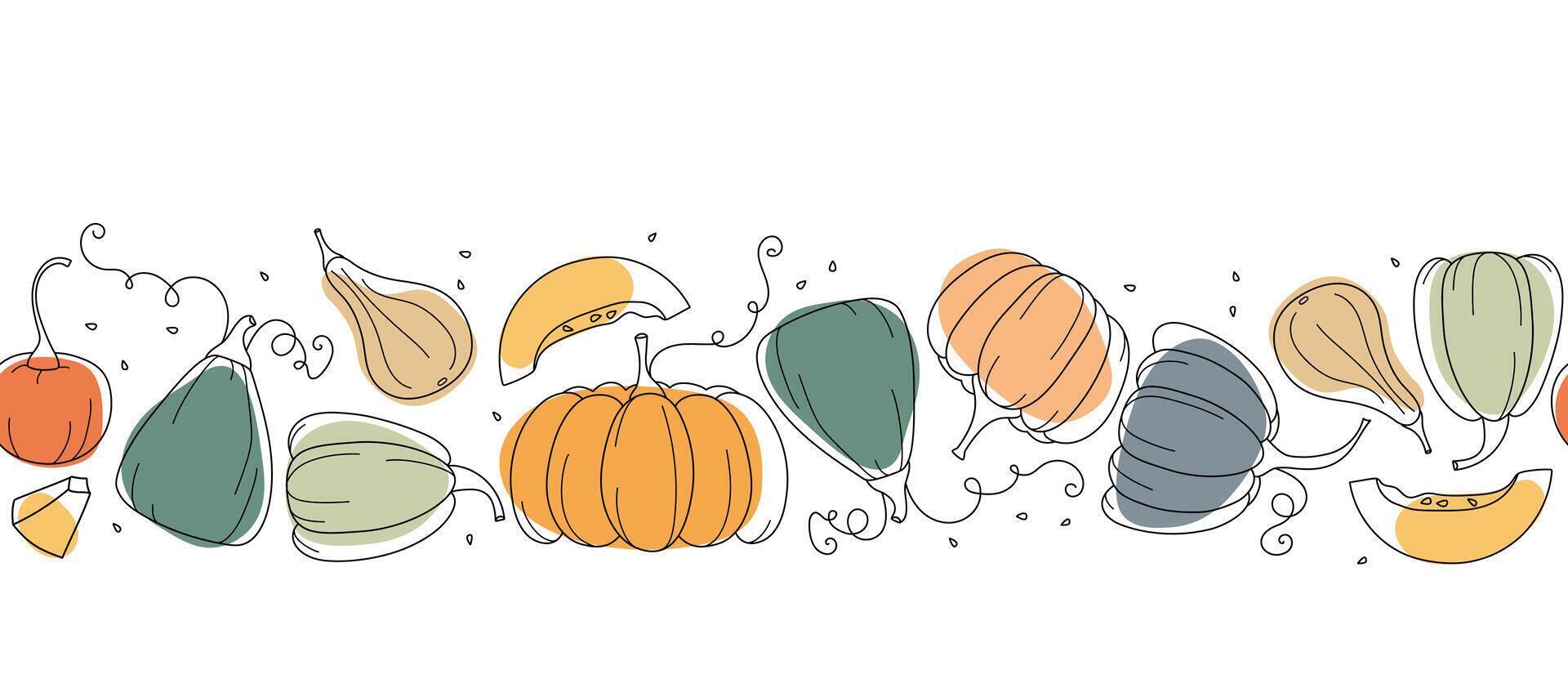 Seamless Pumpkin border. Hand drawn autumn backdrop. Line sketch on bright spots. vector