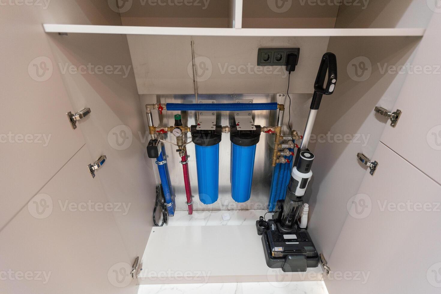 Water filter housing. Drinking Water System. Osmosis water purification filter for home use. healthy lifestyle. photo