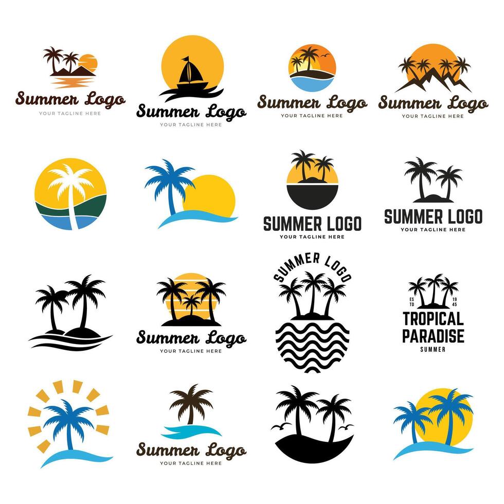Summer beach island with palm trees in the ocean. emblem of travel, holiday, resort. Logo collection. vector