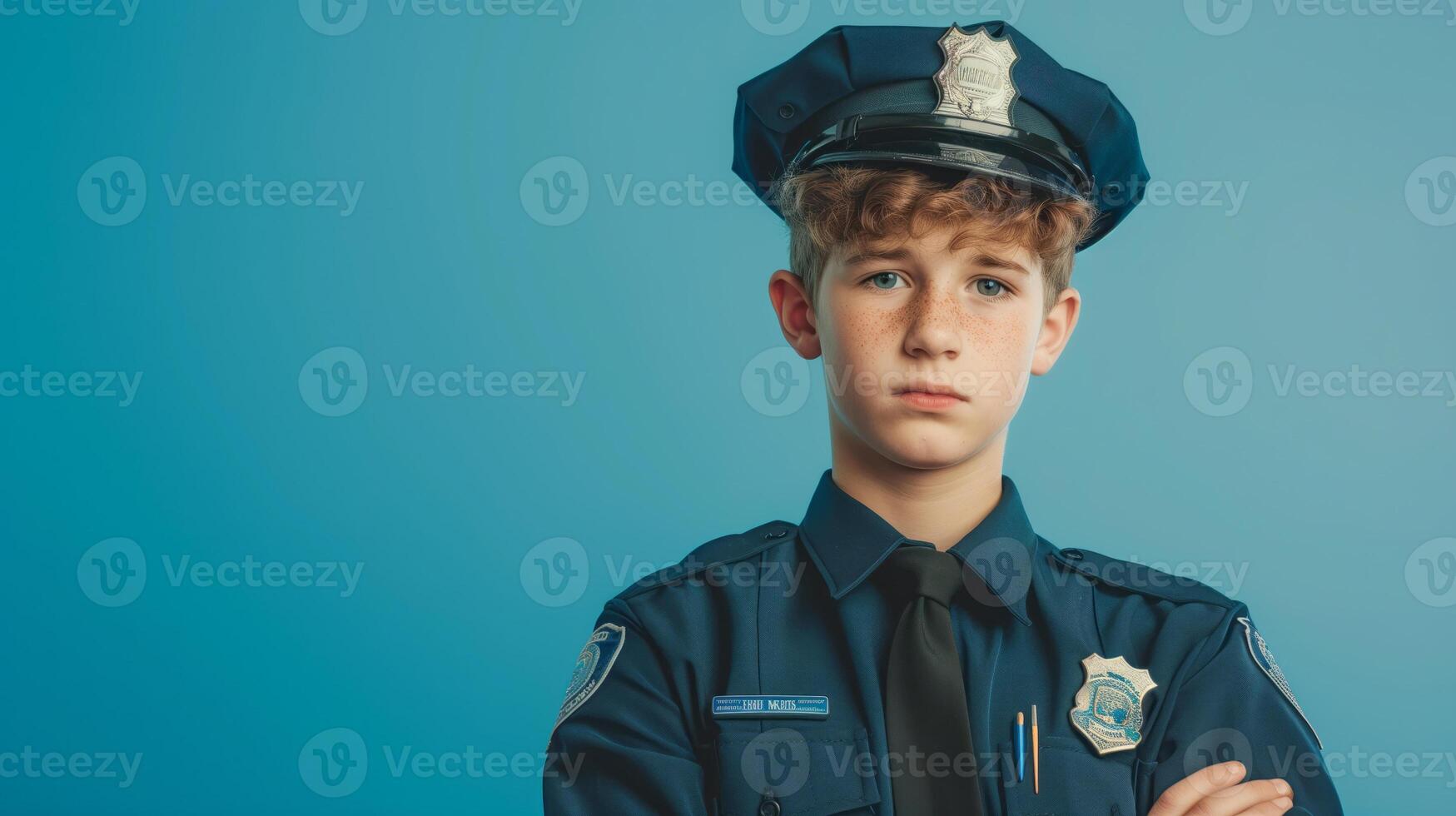 A teenage boy dressed as a police officer, standing with arms crossed, Studio Lighting, portrait shot, copy space, flat background photo