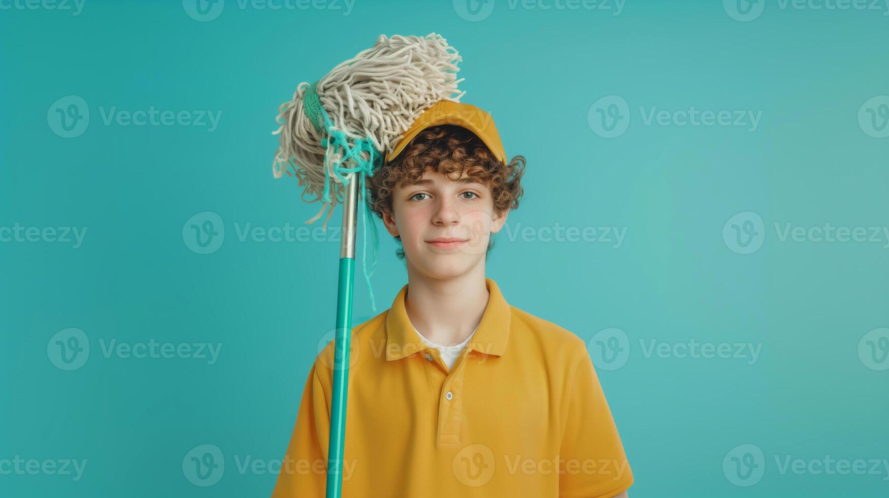 A teenage boy wearing a janitor's outfit, holding a mop, Studio Lighting, portrait shot, copy space, flat background photo
