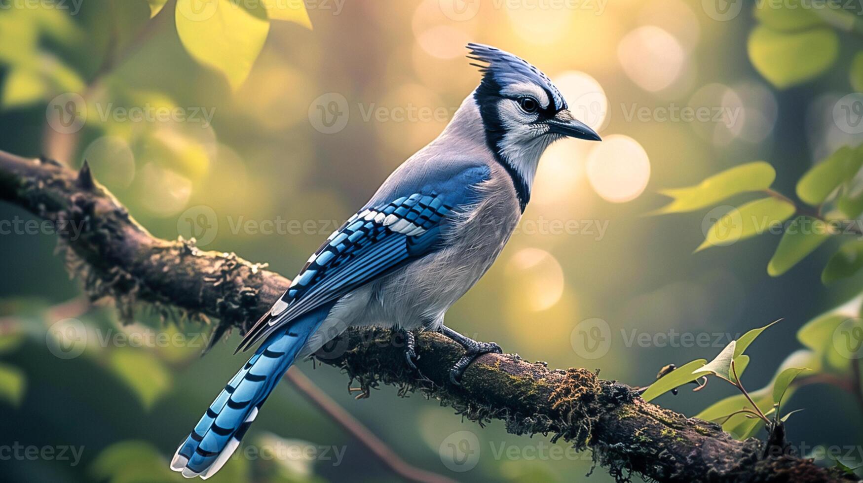 Araffy blue jay perched on a branch in the sunlight, Bird Photography Art. Generated AI photo