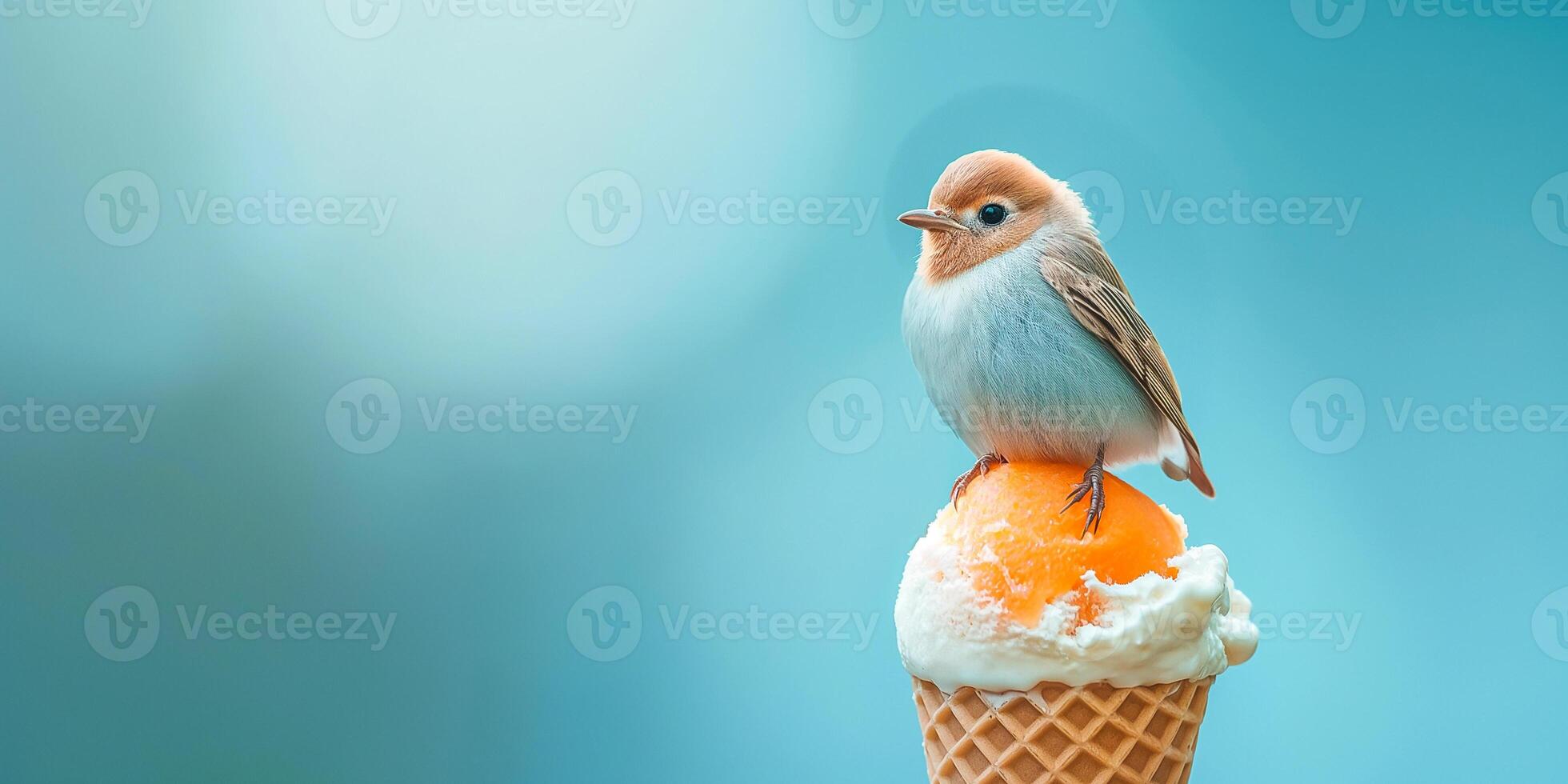 Small bird sitting on top of an ice cream cone, Chaffinch Outdoor Shots. Generated AI photo
