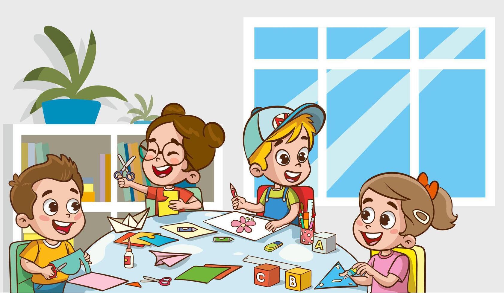 Cute little kids boy and girl cutting colored paper with scissors making paper cut art craft vector