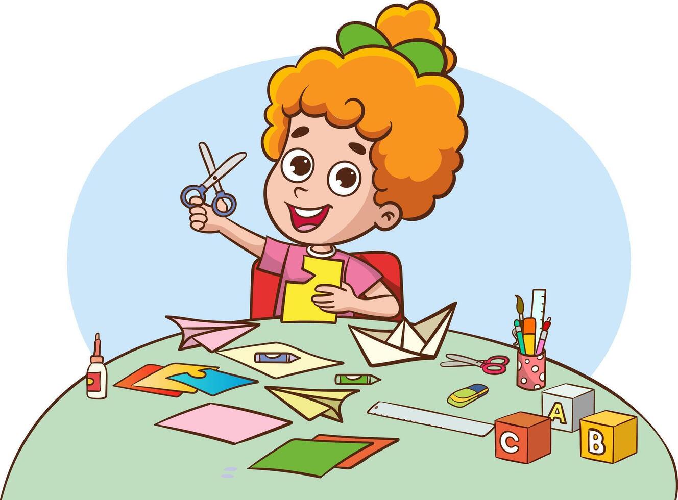 Cute little kids boy and girl cutting colored paper with scissors making paper cut art craft vector