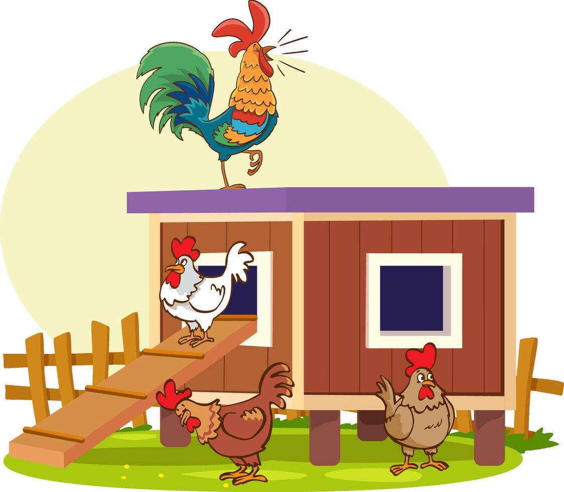 Chicken farm illustration with cock, hen, wooden perch, eggs, green bush and grass. Poultry organic farming background with chicken, rooster in cartoon flat style. Kids nature illustration vector