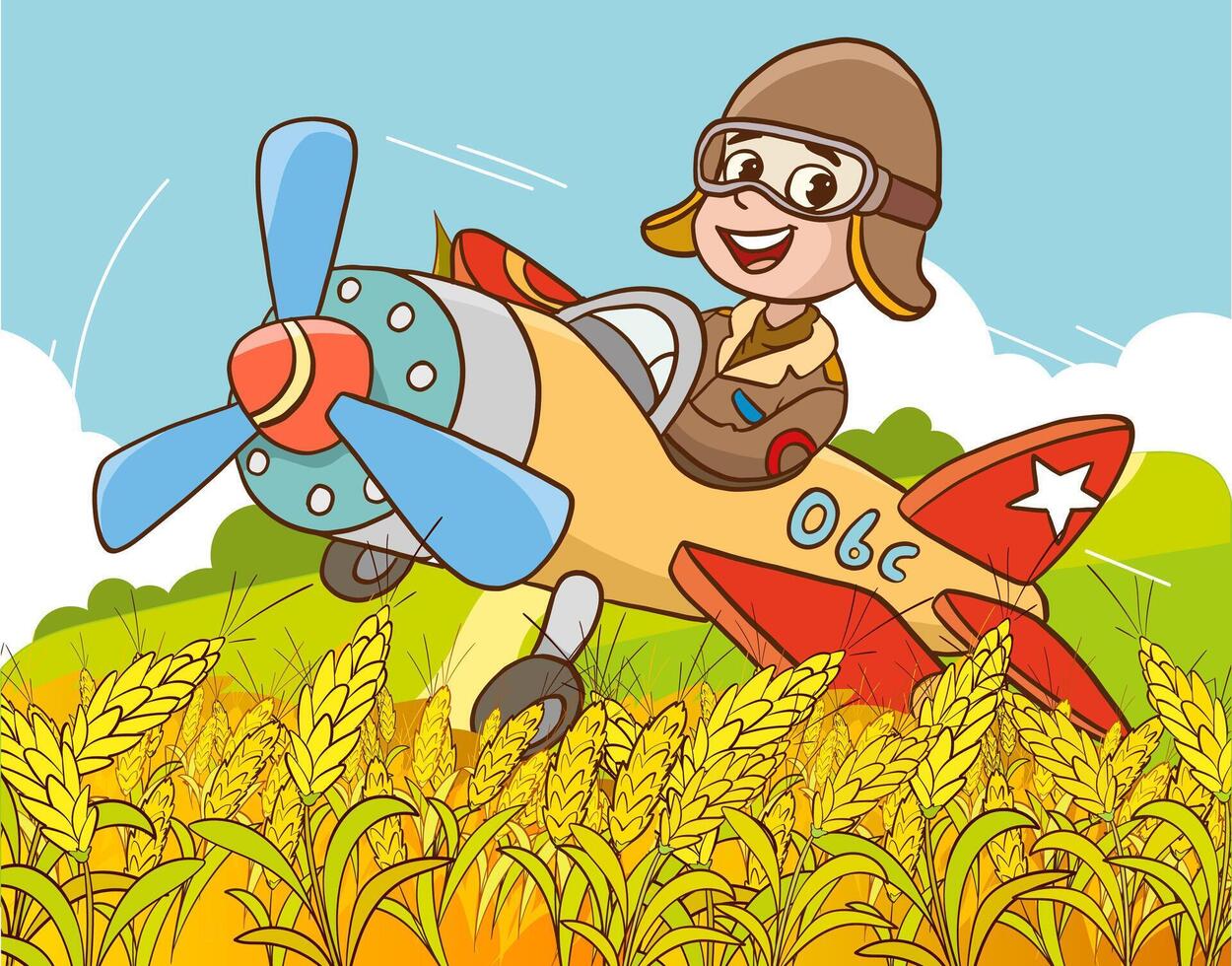 boy flying on airplane in the sky. cartoon kid pilot on plane. flying adventurer boy full of excitement and curiosity. smiling aviator plane travel vector