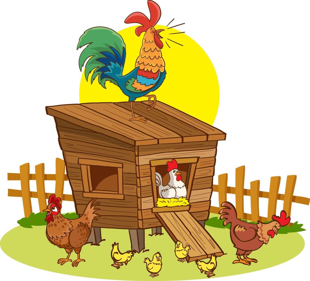 Chicken farm illustration with cock, hen, wooden perch, eggs, green bush and grass. Poultry organic farming background with chicken, rooster in cartoon flat style. Kids nature illustration vector