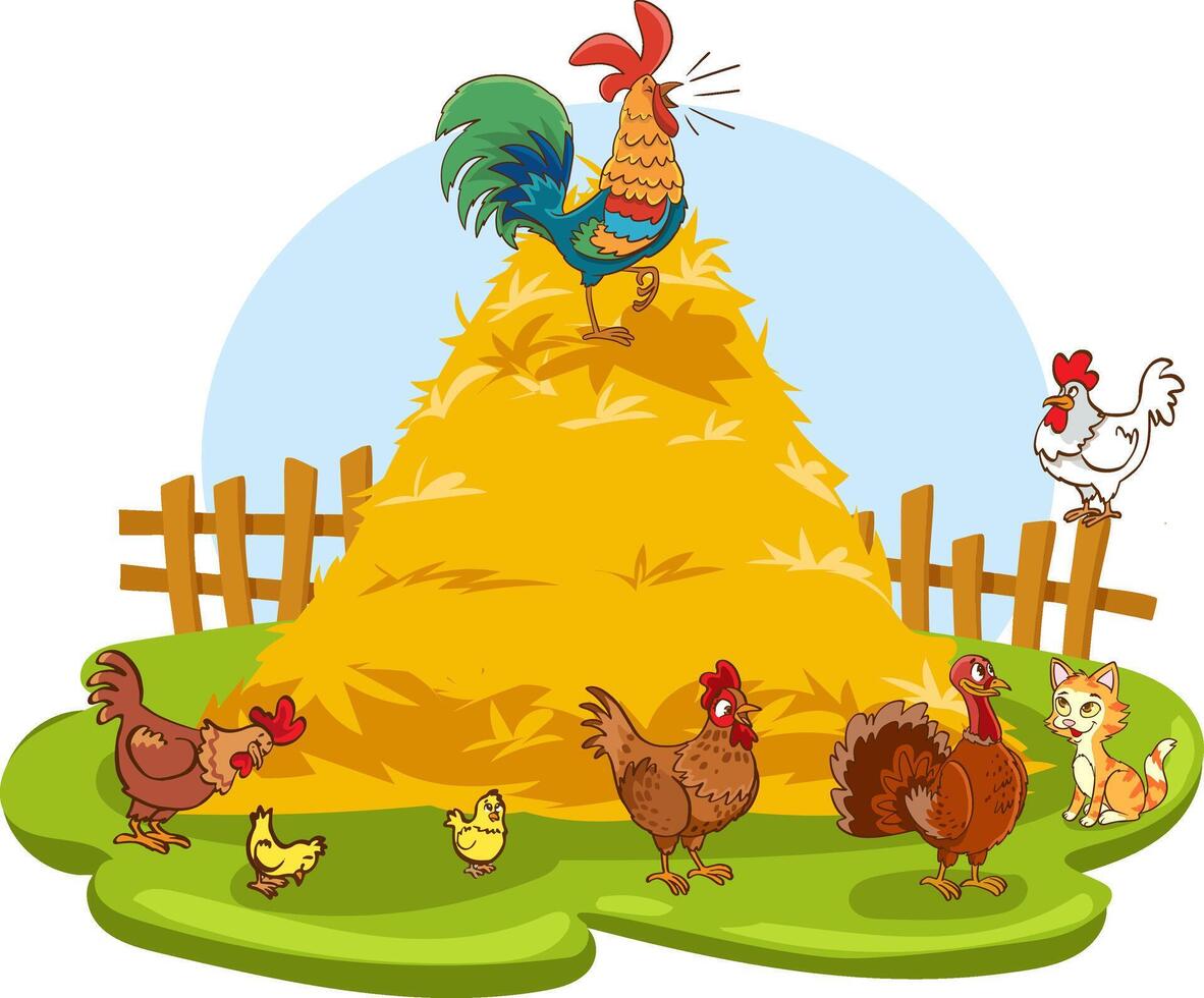 Chicken farm illustration with cock, hen, wooden perch, eggs, green bush and grass. Poultry organic farming background with chicken, rooster in cartoon flat style. Kids nature illustration vector