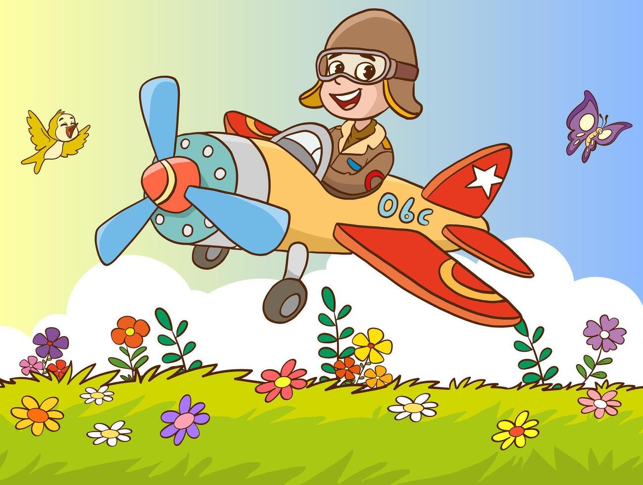 boy flying on airplane in the sky. cartoon kid pilot on plane. flying adventurer boy full of excitement and curiosity. smiling aviator plane travel vector