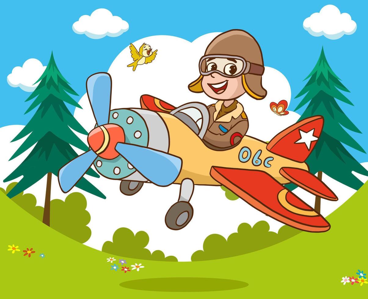 boy flying on airplane in the sky. cartoon kid pilot on plane. flying adventurer boy full of excitement and curiosity. smiling aviator plane travel vector